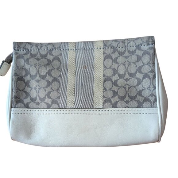 Coach Signature Stripe Gray/Cream Zip Top Wristlet Wallet with adjustable Handle - Picture 2 of 4
